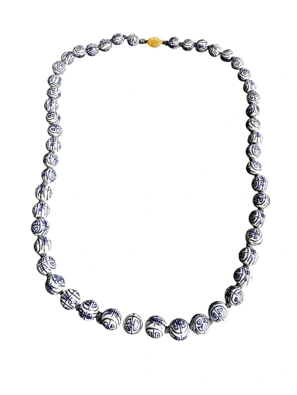 Vintage Chinese Shou Bead Necklace Blue White Porcelain Beaded Longevity 24